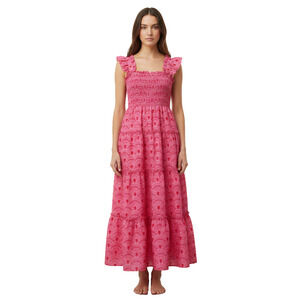 J.Marie Pink Red Print Smocked Ruffle Tiered Maxi Dress Size L